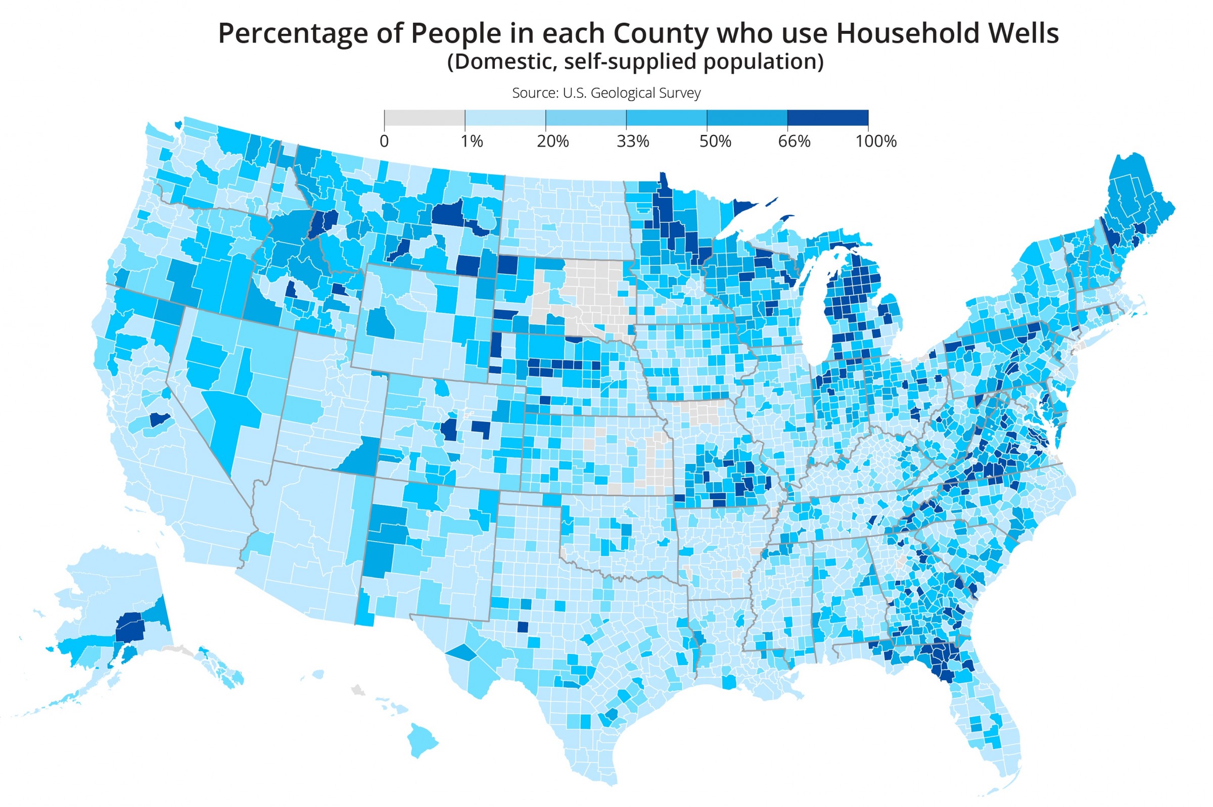Map of the United States showing the percentage of people in each county who use household wells, with darker shades of blue indicating a higher percentage of usage.