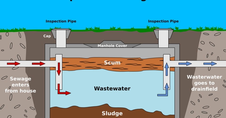 Diagram of a septic tank system showing sewage entering from the house, with layers of scum, wastewater, and sludge indicated, and wastewater exiting to a drainfield.