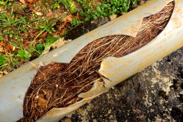 A cracked pipe with roots growing inside it, positioned against the ground with grass and leaves in the background.