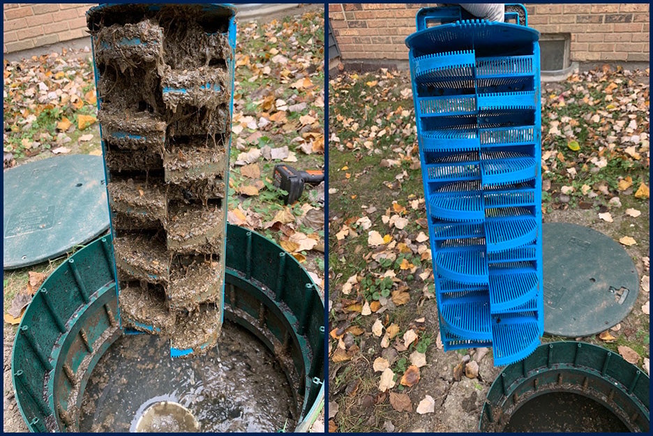 A side-by-side comparison of a very dirty, clogged water filtration system (left) next to the same system that has been thoroughly cleaned (right), with fallen leaves on the ground in the background.