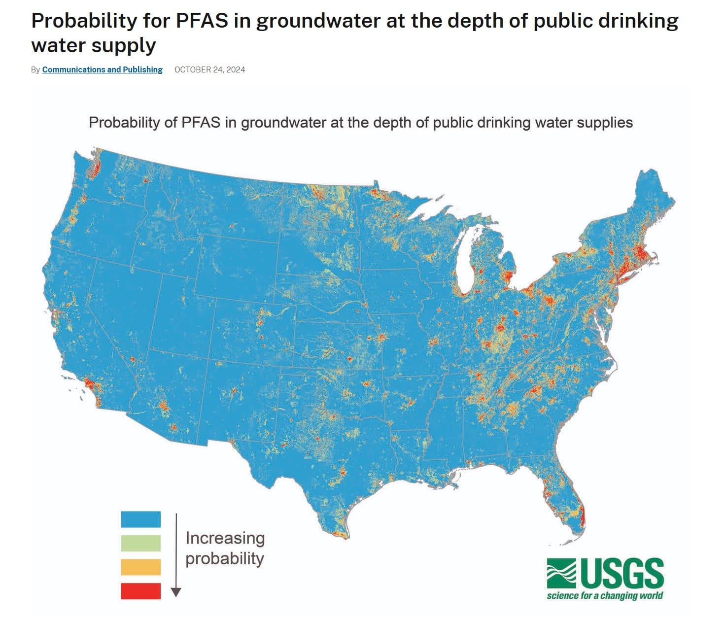Map of the United States showing probability of PFAS in groundwater