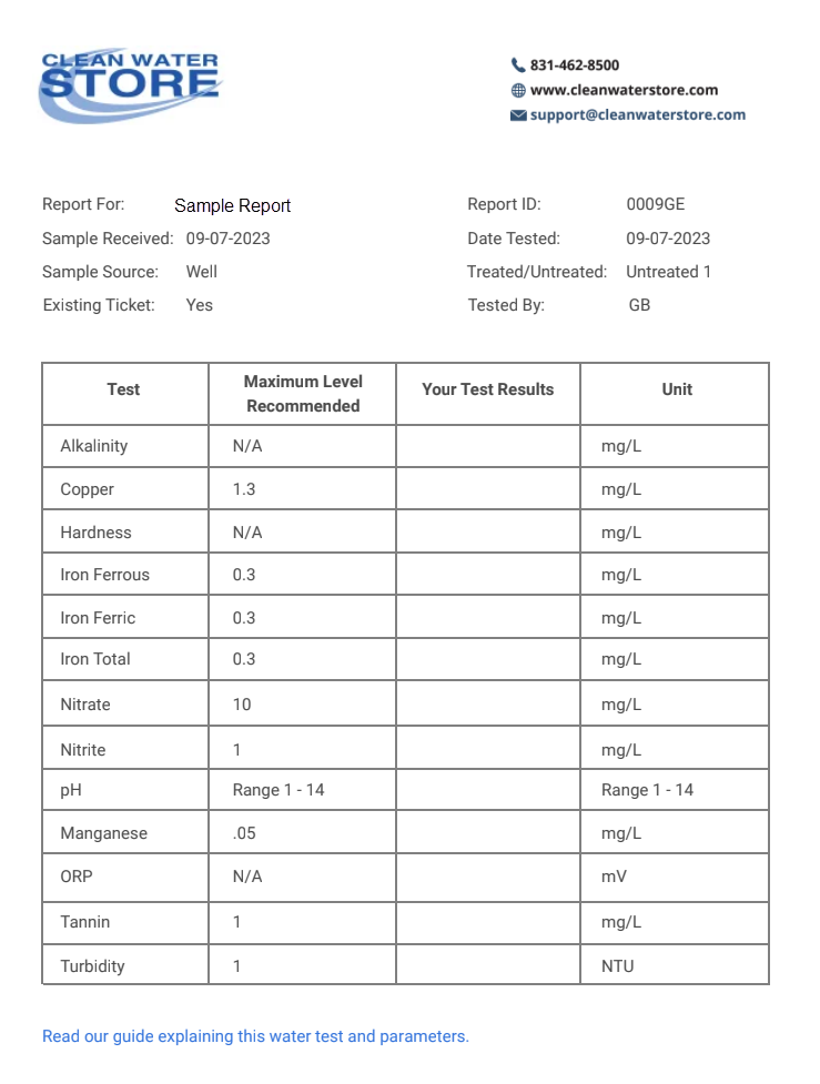 Water test report from Clean Water Store